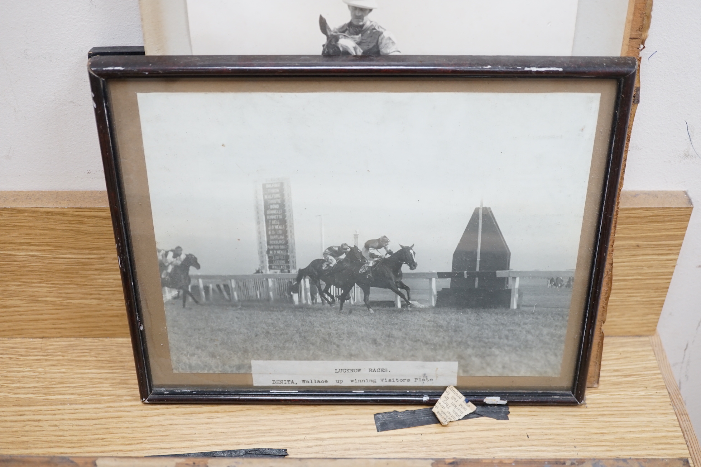 D M & E M Alderson, pair of watercolours, Portraits of racehorses c.1943/48 raced at Calcutta, together with a group of related photographs and ephemera, signed and dated, 38 x 52cm